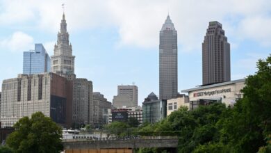 A view of the downtown skyline prior to a game between the Baltimore Orioles and the Cleveland Guardians at Progressive Field on August 02, 2024 in Cleveland, Ohio.