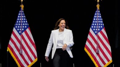 Democratic presidential nominee and U.S. Vice President Kamala Harris reacts as she holds a campaign rally in Savannah, Georgia, U.S., August 29, 2024.