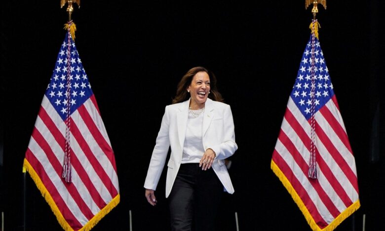 Democratic presidential nominee and U.S. Vice President Kamala Harris reacts as she holds a campaign rally in Savannah, Georgia, U.S., August 29, 2024.