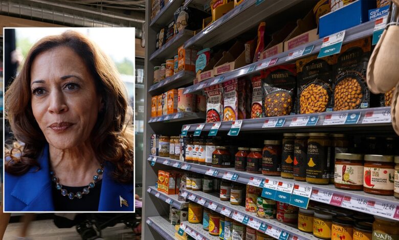 grocey store shelves; Kamala Harris inset