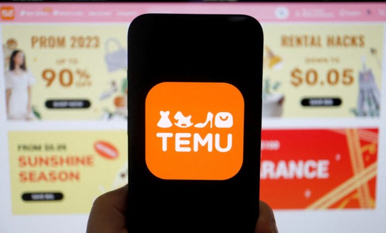 Logo of Temu, an e-commerce platform, displayed on a mobile phone screen in front of its website.