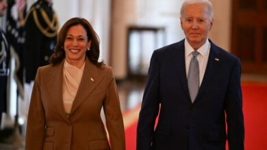 U.S. President Joe Biden and Vice President Kamala Harris walking to welcome the 2023 WNBA champion Las Vegas Aces at a White House celebration