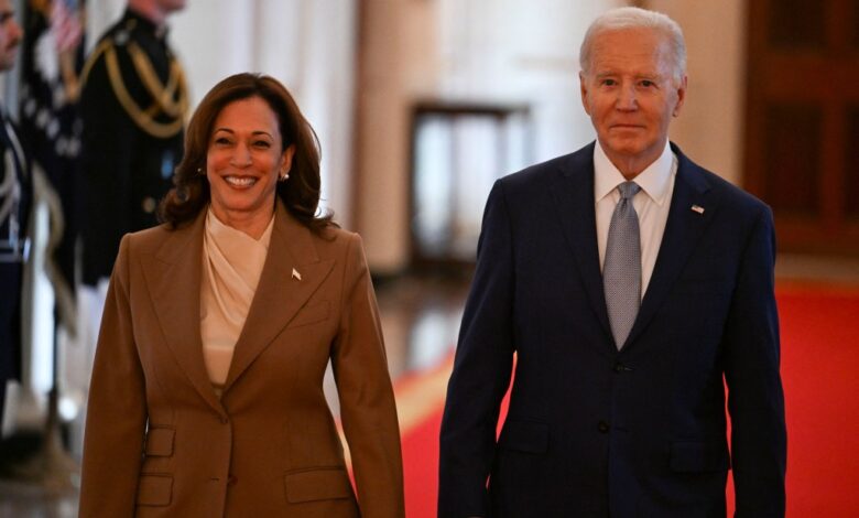 U.S. President Joe Biden and Vice President Kamala Harris walking to welcome the 2023 WNBA champion Las Vegas Aces at a White House celebration