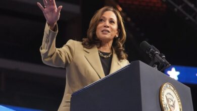 Vice President Kamala Harris speaking at a campaign rally in Phoenix on Aug. 9, 2024.