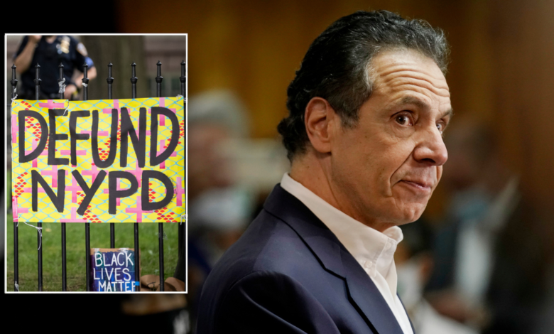 Split image of Cuomo, defund sign