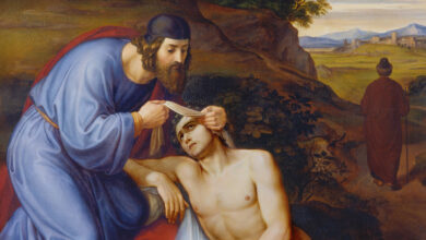 A historic painting of the good samaritan where the samaritan is bandaging the man's injured head with the priest walking away in the background