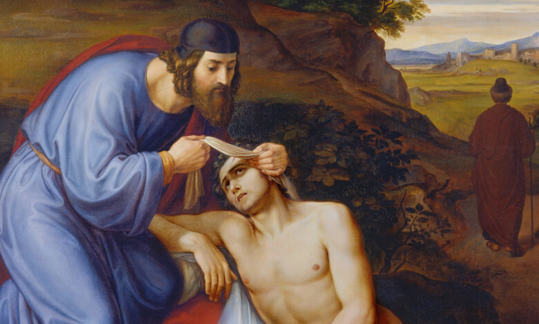 A historic painting of the good samaritan where the samaritan is bandaging the man's injured head with the priest walking away in the background