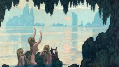 Artwork from 1912 named 'Sea Nymphs Singing' by Jean Francis Auburtin depicting a group of women in water