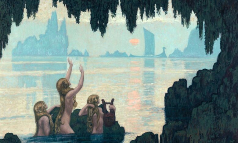 Artwork from 1912 named 'Sea Nymphs Singing' by Jean Francis Auburtin depicting a group of women in water