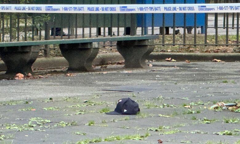 Crime scene on Lafayette Avenue near Franklin Avenue in Brooklyn showing a hat on the ground after a triple shooting