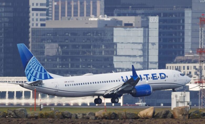 A United Airlines Boeing 737 Max 8 lands at Boston Logan International Airport in East Boston, Massachusetts, USA, 27 September 2024