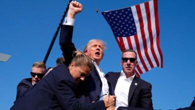 Trump pumping fist in air after first assassination attempt