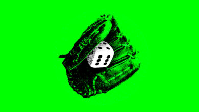 A baseball mitt holding a die on a neon green background.