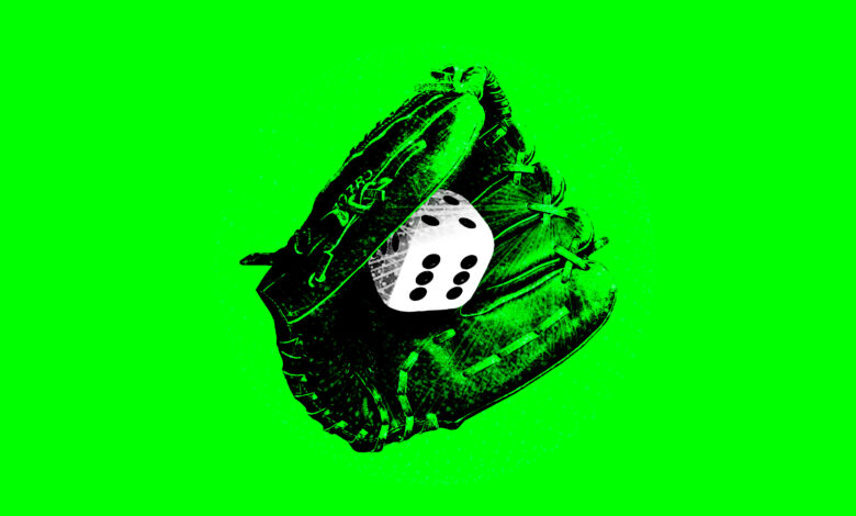 A baseball mitt holding a die on a neon green background.