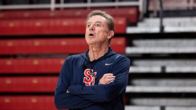 Rick Pitino gives instruction as the St Johns Red Storm mens basketball team host an open practice in Carnesecca Arena at St Johns.