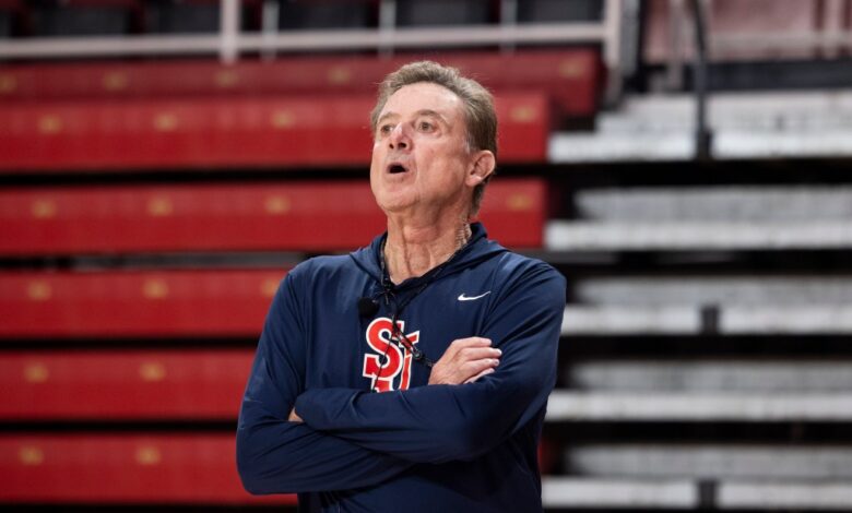 Rick Pitino gives instruction as the St Johns Red Storm mens basketball team host an open practice in Carnesecca Arena at St Johns.