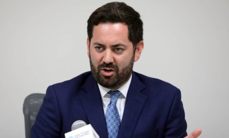 Mike Lawler, candidate for the New York 17th Congressional District, answers questions from reporters at The Journal News / lohud office in West Harrison Oct. 1, 2024.