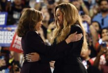 Musical artist Beyoncé, right, and Democratic presidential nominee Vice President Kamala Harris, left, embrace on stage during a campaign rally Friday, Oct. 25, 2024, in Houston. (AP Photo/Annie Mulligan)