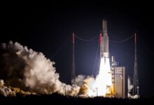 Ariane 5 rocket lifting off from the launchpad at European Spaceport in Kourou, French Guiana launching INTELSAT-33e and INTELSAT-36 satellites