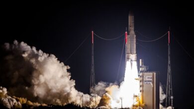 Ariane 5 rocket lifting off from the launchpad at European Spaceport in Kourou, French Guiana launching INTELSAT-33e and INTELSAT-36 satellites