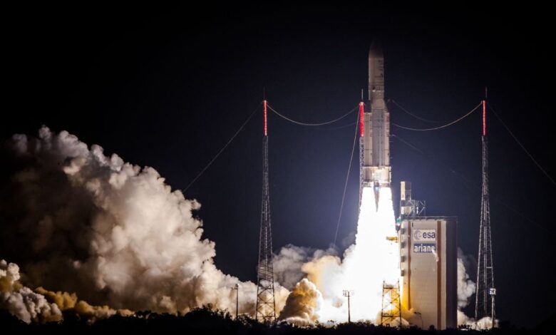 Ariane 5 rocket lifting off from the launchpad at European Spaceport in Kourou, French Guiana launching INTELSAT-33e and INTELSAT-36 satellites