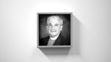 Anglican bishop from Fort Worth Texas shown in black and white obit-style image.