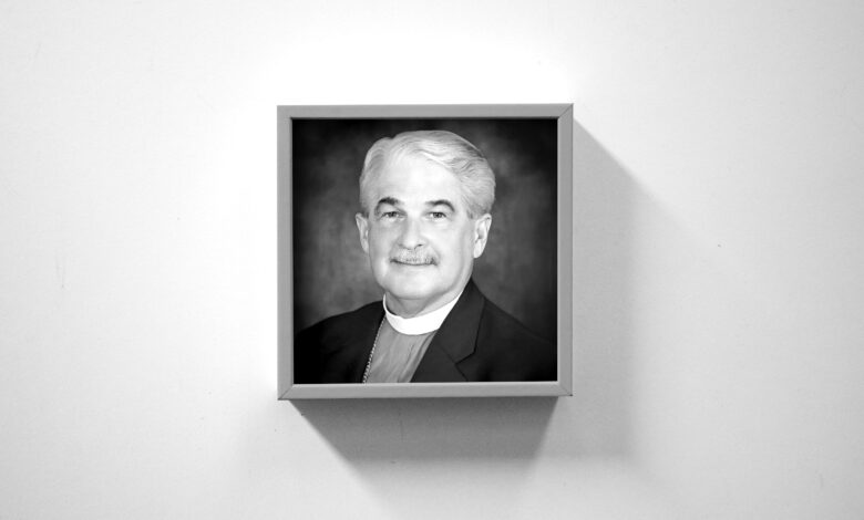 Anglican bishop from Fort Worth Texas shown in black and white obit-style image.