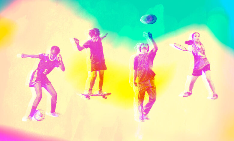 Four young people playing sports on a colorful background.