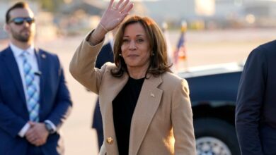 Vice President Kamala Harris waving to the crowd upon her arrival at Raleigh-Durham International Airport on Oct. 12.