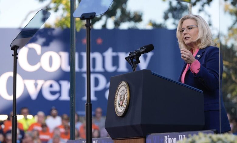 Former Rep. Liz Cheney, R-Wyo., speaks at a campaign event for Democrat presidential nominee Vice President Harris in Ripon, Wis., on Oct. 3, 2024.