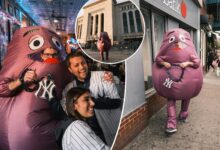 Post reporter wears Mets Grimace costume with Yankees fans in the Bronx