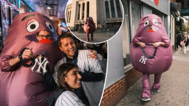 Post reporter wears Mets Grimace costume with Yankees fans in the Bronx