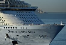 The passenger cruise ship Symphony of the Seas arriving at the French Mediterranean port of Marseille