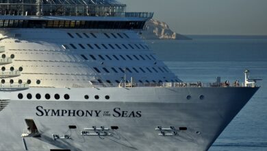 The passenger cruise ship Symphony of the Seas arriving at the French Mediterranean port of Marseille