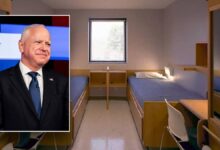 inset: Gov. Walz; main photo, women's prison room