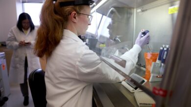 Microbiologist Anne Vandenburg-Carroll tests poultry samples collected from a farm located in a control area for the presence of bird flu at the Wisconsin Veterinary Diagnostic Laboratory at the University of Wisconsin-Madison on March 24, 2022. The Centers for Disease Control and Prevention has identified 46 human cases of bird flu since April.