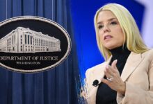 Justice Department logo and Pam Bondi