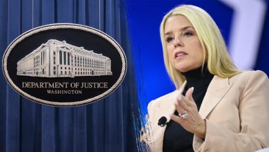 Justice Department logo and Pam Bondi