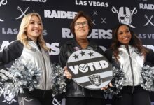 Jacky Rosen, center, with Las Vegas Raiders cheerleaders