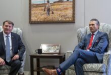 Sen. Mike Rounds, R-S.D., a member of the Senate Armed Services Committee, left, meets with Pete Hegseth, President-elect Donald Trump's nominee to be defense secretary, at the Capitol in Washington, Thursday, Dec. 5, 2024. (AP Photo/J. Scott Applewhite)