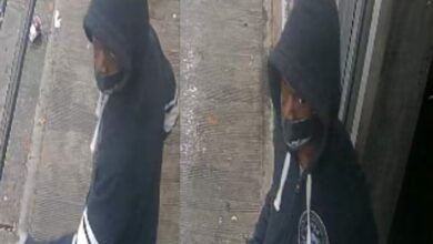 surveillance images released by NYPD that show a man wearing a hooded sweatshirt and black surgical mask on the street. He is the suspect in four separate groping incidents in Jamaica, Queens, Monday morning.