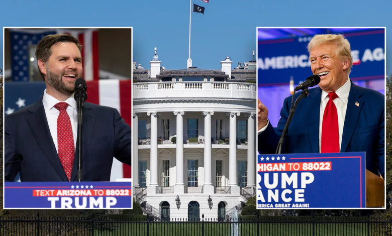 Vice President JD Vance, left, and President Donald Trump, right, with the White House, background 