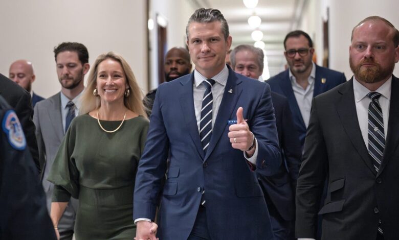 Pete Hegseth, President-elect Donald Trump's nominee to be Defense Secretary, gives a thumbs-up