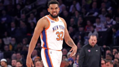 New York Knicks center Karl-Anthony Towns #32 reacting on the court during the first quarter in a game against Oklahoma City Thunder at Madison Square Garden