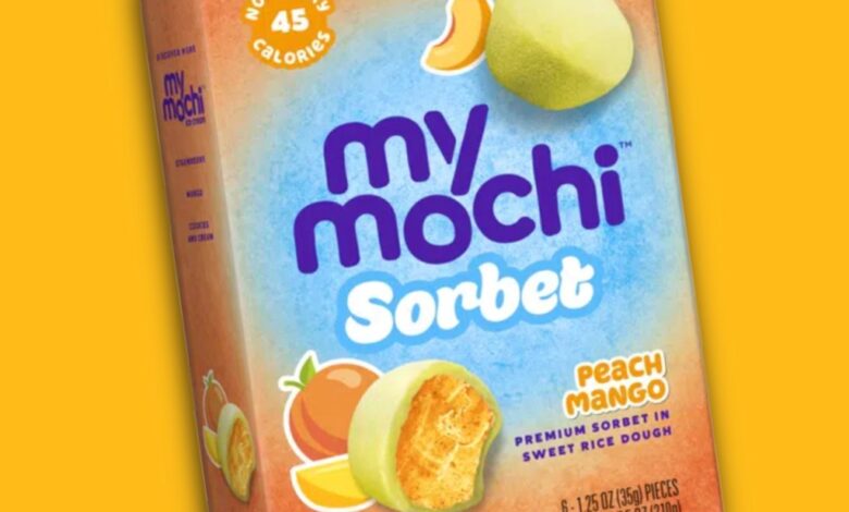 A box of My Mochi Peach Mango Sorbet ice cream from the website www.mymochi.com