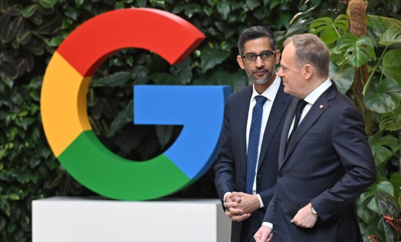 Google CEO Sundar Pichai, left, and Poland's Prime Minister Donald Tusk in Warsaw last week.