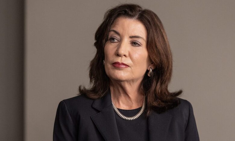 Gov. Kathy Hochul speaks during the press briefing with Attorney General Letitia James at the Governor's office discussing the impacts of the 2024 Presidential Election after President Donald Trump's landslide victory.