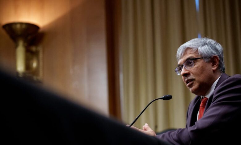 Jayanta Bhattacharya, President Donald Trump's nominee to be Director of the National Institutes of Health, speaks at his confirmation hearing before the Senate Committee on Health, Education, Labor, and Pensions on Capitol Hill on March 5, 2025 in Washington, DC. 