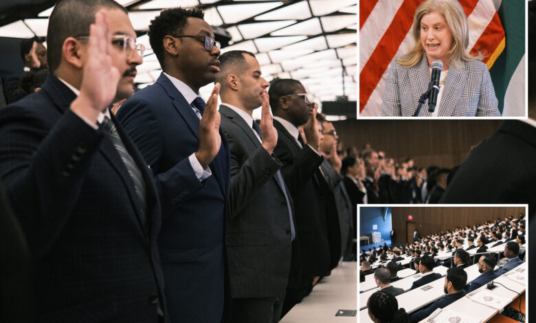 First NYPD class since recruitment standards were eased is sworn in as city vows to get ranks to 35K