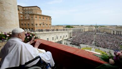 Pope Francis delivering the Urbi et Orbi message from the main balcony of St Peter's basilica on Easter, April 20, 2025